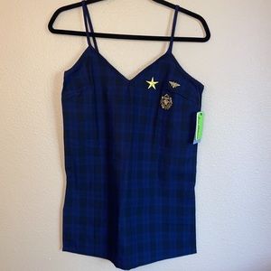 NEW! $46 SAM EDELMAN S Navy Plaid Side Slit Chemise Spaghetti Strap Tank Top